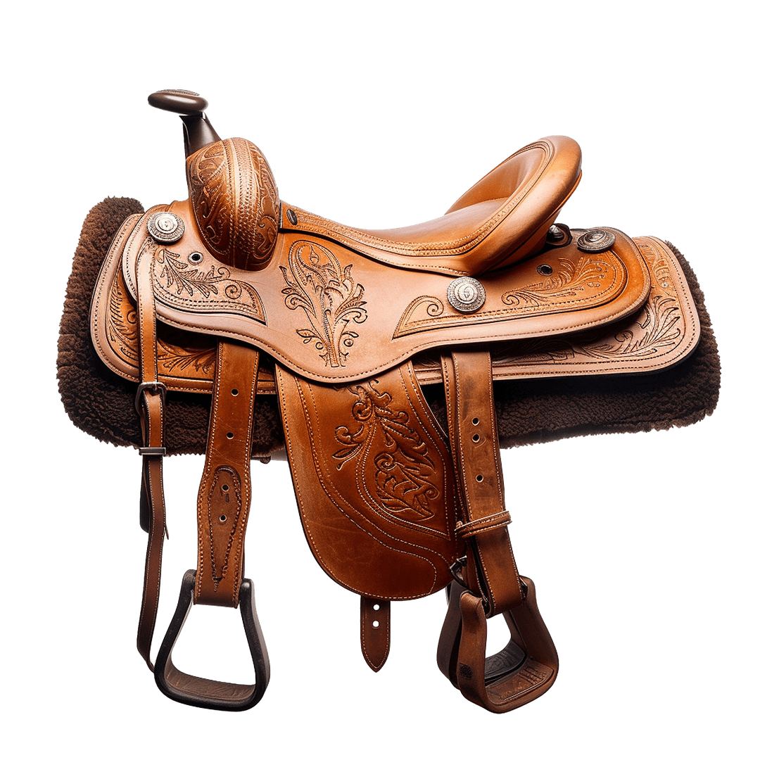 The trophy saddle: hand-tooled leather with the copper ring worked in, one of one.